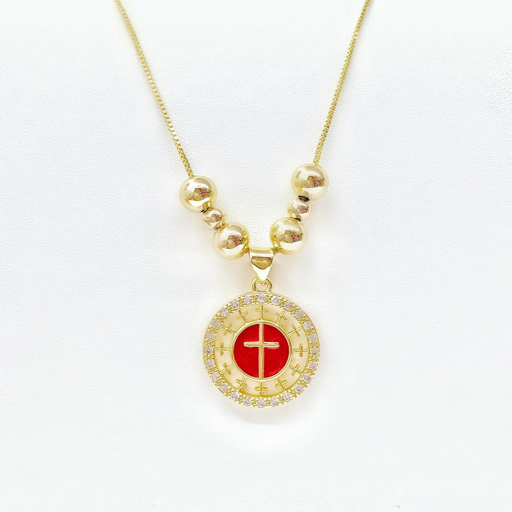 White Black Red Enamel Art Cross Zirconia Pendant Necklace: New Fashion for Women Party Pearl Chain Choker Religious Prayer Gift