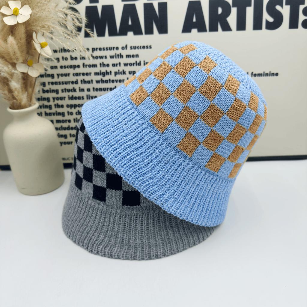 Black and white checkerboard wool hat women's spring and autumn versatile face small knitted bucket hat ins tide bucket hat