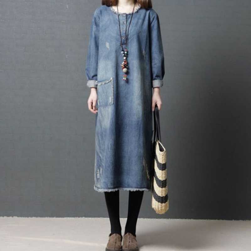 

Женское джинсовое платье с длинным рукавом, свободного кроя, средней длины M