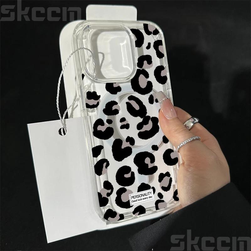Leopard Print Clear Phone Case For iPhone 16 15 14 13 12 11 Pro Max Plus XS XR 16E Matte Magnetic Wireless Charge Cover