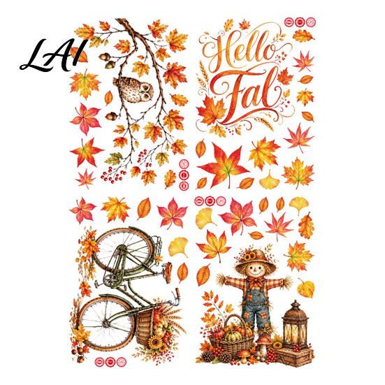 Thanksgiving Home Decor 6 Sheets Autumn Harvest Static Window Stickers Maple Leaves Scarecrows Bicycle Owl Transparent PVC Decals Decals Reusable