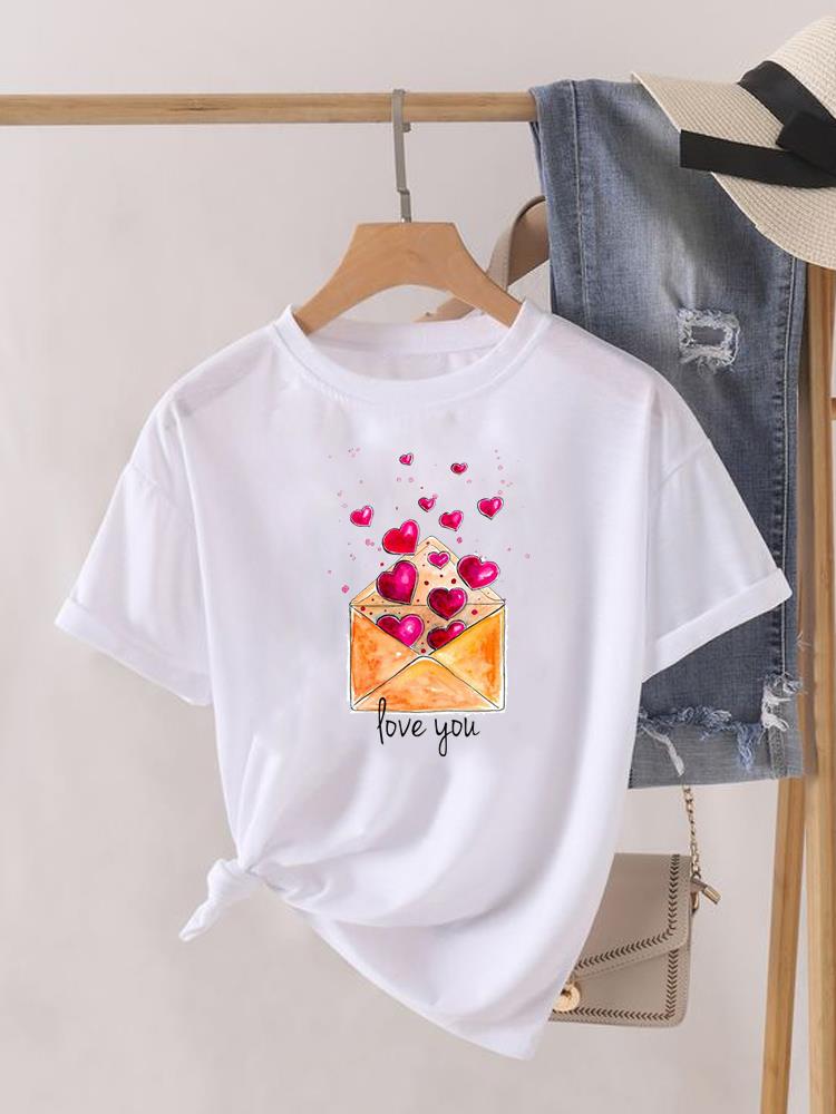 Love Heart Print Clothes Graphic Tshirt Fashion Print Summer Unisex Trend Sweet Short Sleeve Lady Female Shirt Tee