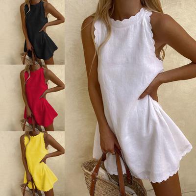 Robe de Bureau Femme Couleur Unie Bord Ondulé Été Douce Mini Robe Slim pour le Quotidien