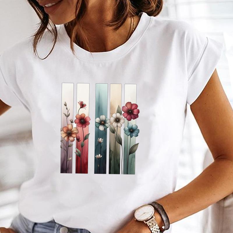 (Asian Size) Casual Clothing Printed Female Top T Shirt o-neck watercolor flower Short Sleeve T-shirts Lady Fashion Women Graphic Tee