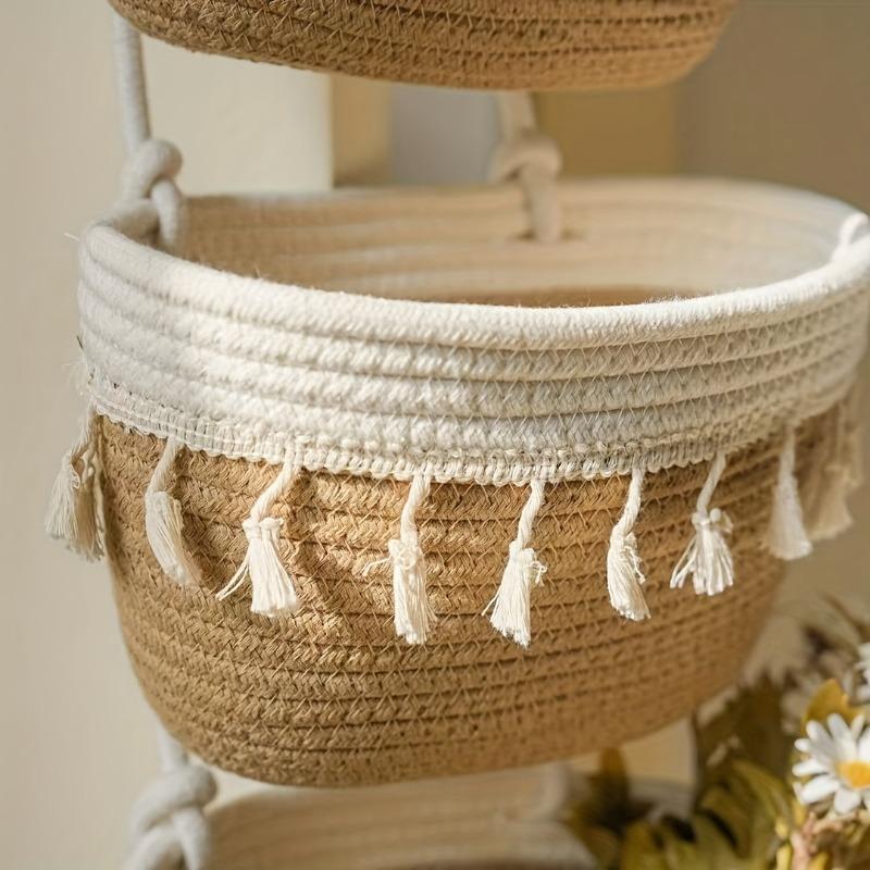1pcs Handwoven 3-Tier Double Tassel Hanging Basket Wall-Mounted Storage Organizer Woven  Basket for Bathroom Kitchen Bedroom