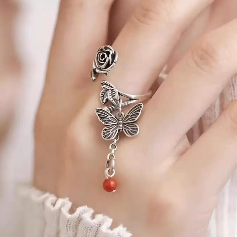 Butterfly Love Flower Tassel Butterfly Ring Women's Simple Fashion Retro Ring Niche Design Opening Trend Flower Ring