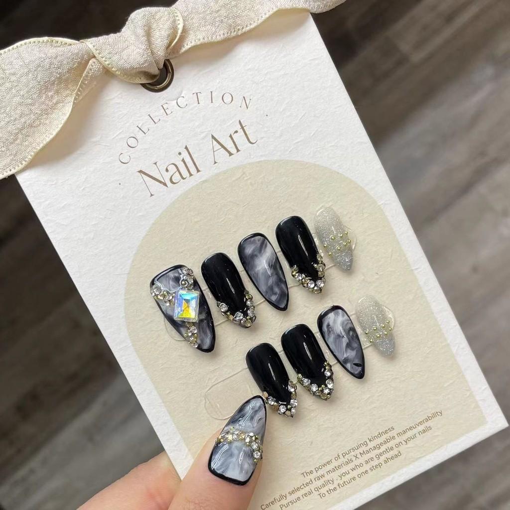100%HANDMADE Almond Nail Art Artificial Nail Dark Sfumato Black Babes Hand-Painted Diamond Gems Phototherapy Short Droplet Shape Nails Reusable
