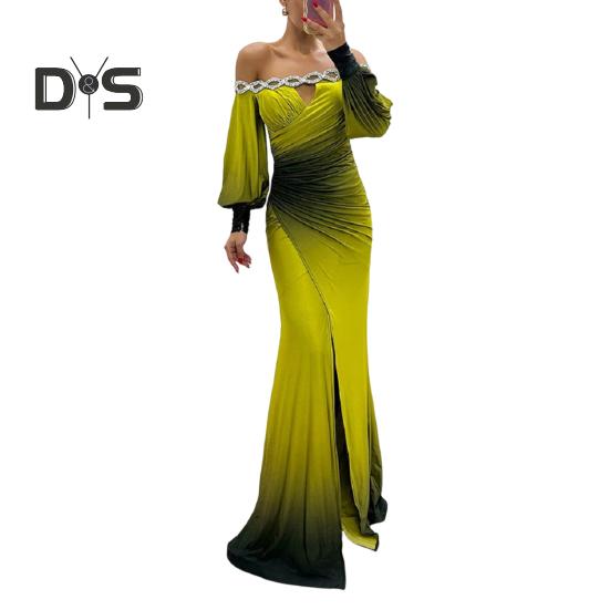 

Женское вечернее платье с открытыми плечами, ажурное свадебное платье со стразами, обтягивающее плиссированное выпускное платье макси с длинными рукавами-фонариками, разрезом по низу, контрастный цветной шар S жёлтый