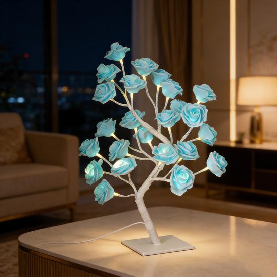 Rose Flower Tree Lamp 24 LED Rose Tree Table Lamp USB Powered Artificial Bonsai Flower Night Light for Bedroom Living Room Wedding Valentine's Day