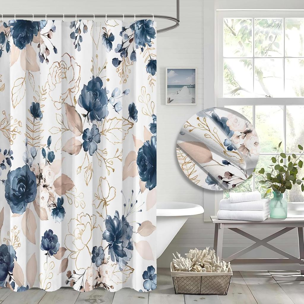 Ästhetische Marineblaue Florale Duschvorhangsets, Aquarell Goldene Blumen Blätter Badezimmer Dekorativ 72x72 Zoll Polyester Wasserpro