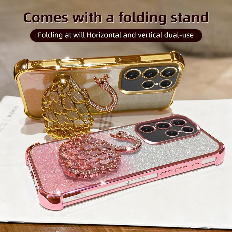 KEYSION Shockproof Plating TPU Phone Case for Samsung S24 S25 Ultra S25+ Glitter Jewelled Swan kickstand Cover for Galaxy S24 S25 FE 5G