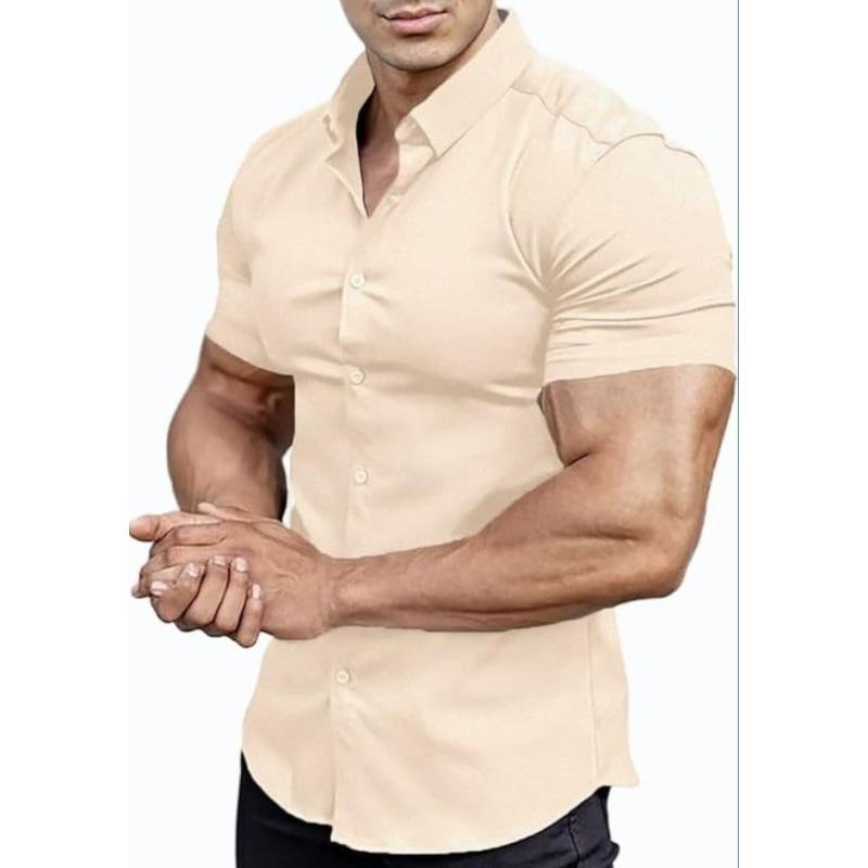 Men Short Sleeve Turn Down Collar Solid Casual Shirt