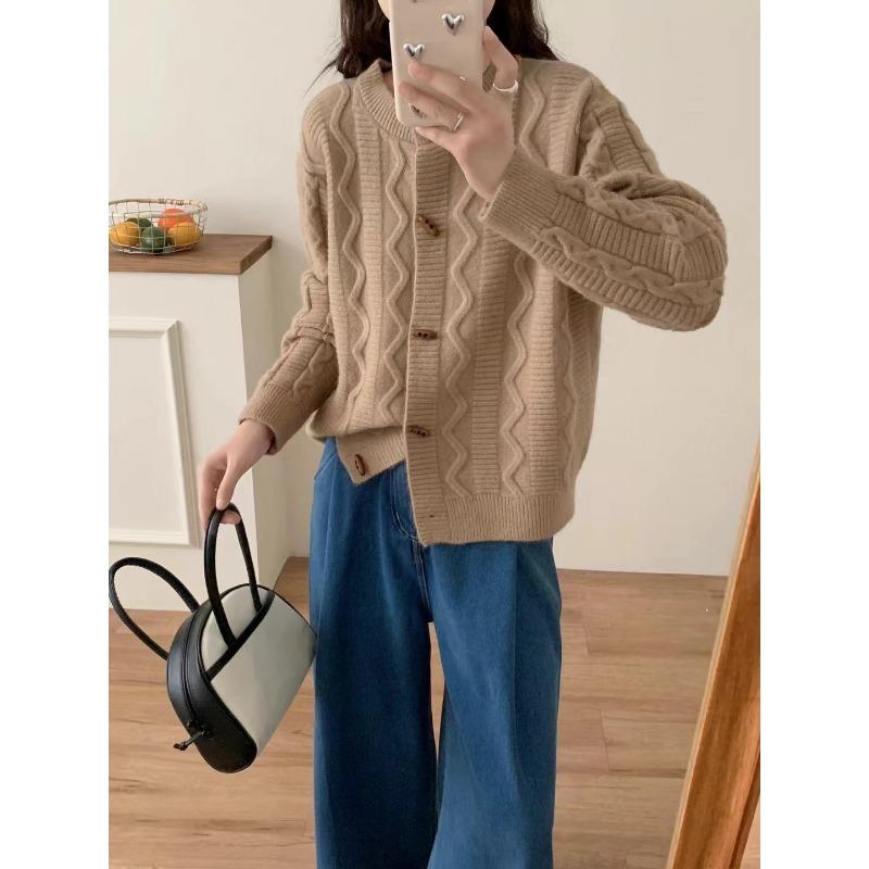 Eck Schnallen Design Pullover Jacke Damen Neu Locker und Lässig Zopfmuster Gestrickte Strickjacke Außenbekleidung