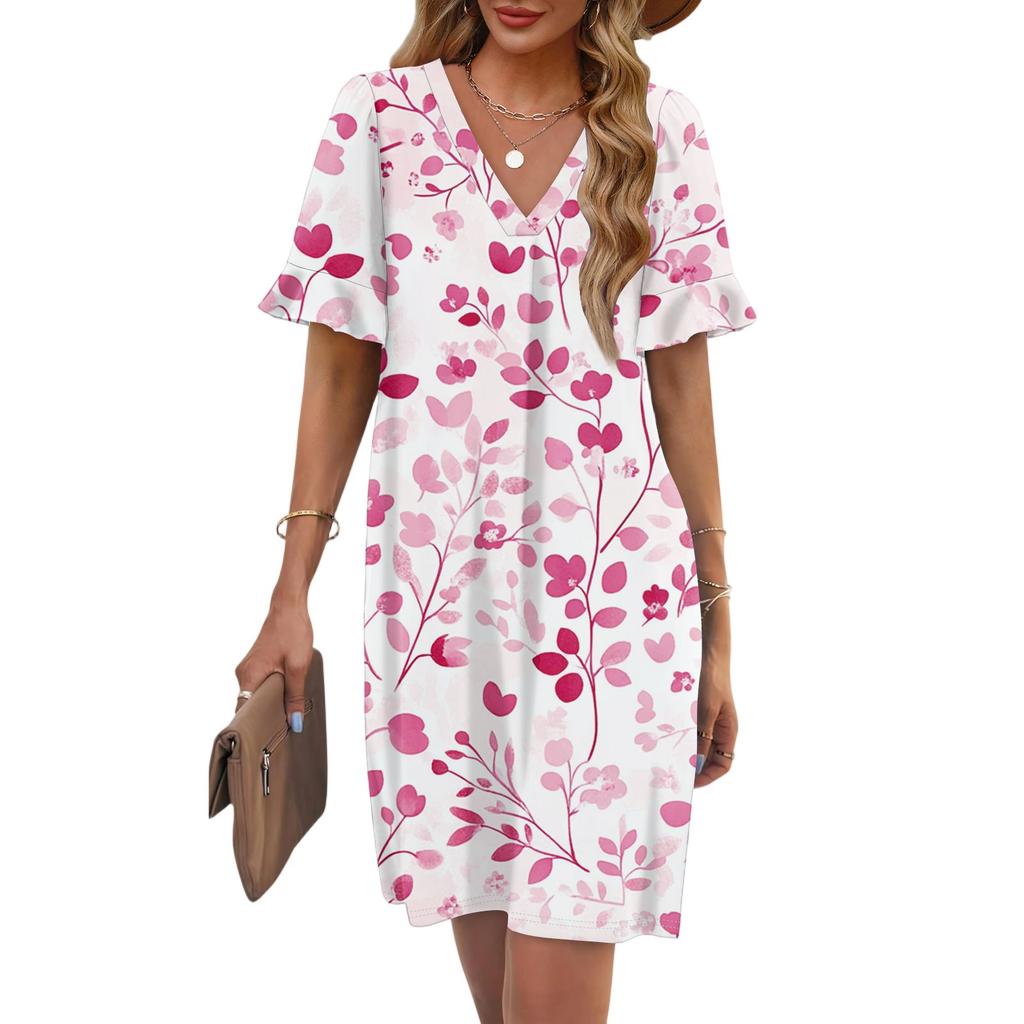Women's Summer Floral Print Dress Pleated Short Sleeve V-Neck Pocket Casual Dress