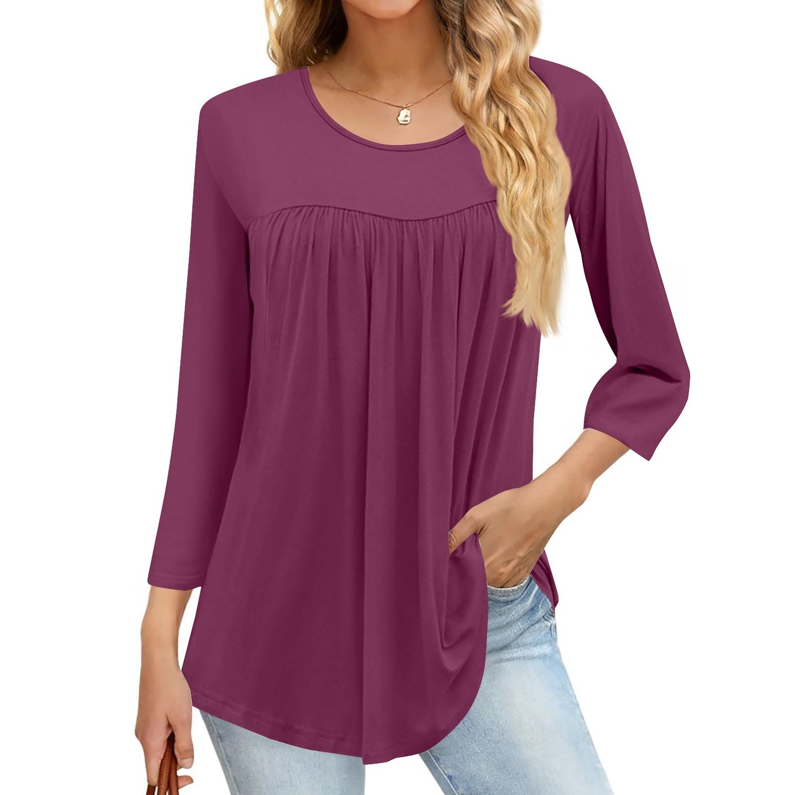 

Women s Fashion Casual Three-quarter Sleeve Color Round Neck Top XXXL