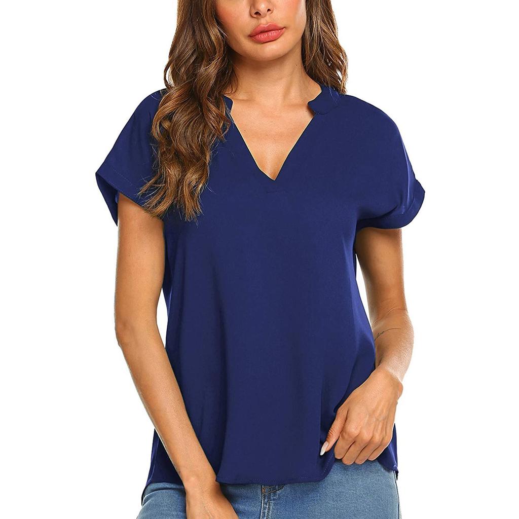 T-Shirt d'été à manches courtes et col en v pour femmes, chemisier en mousseline de soie, couleur unie