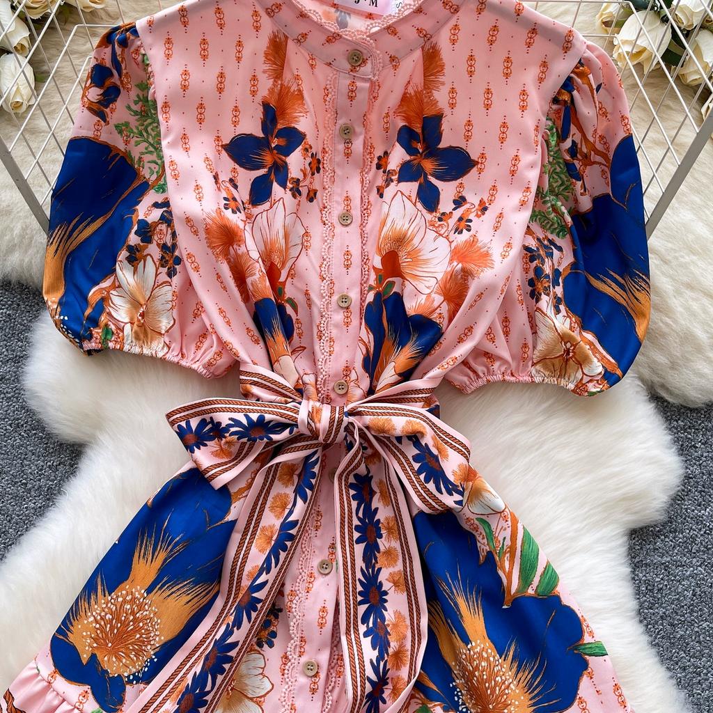 Summer Women Stand Collar Puff Sleeve Single Breasted Lace Patchwork Print Mini Short Party Dresses