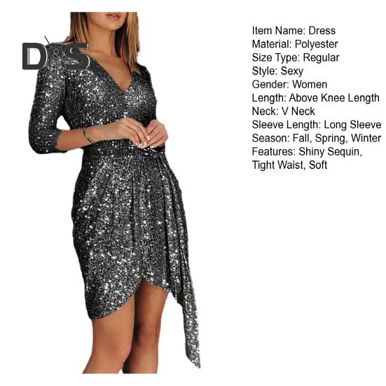 Women Evening Dress V Neck Long Sleeve Shiny Sequin Belted Tight Waist Irregular Hem Solid Color Soft Breathable Pullover Elastic Above Knee Length