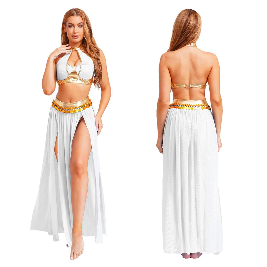 Women's Sequin Tassel Belly Dance Set - Halter Backless Crop Top & Split Mesh Skirt for Halloween