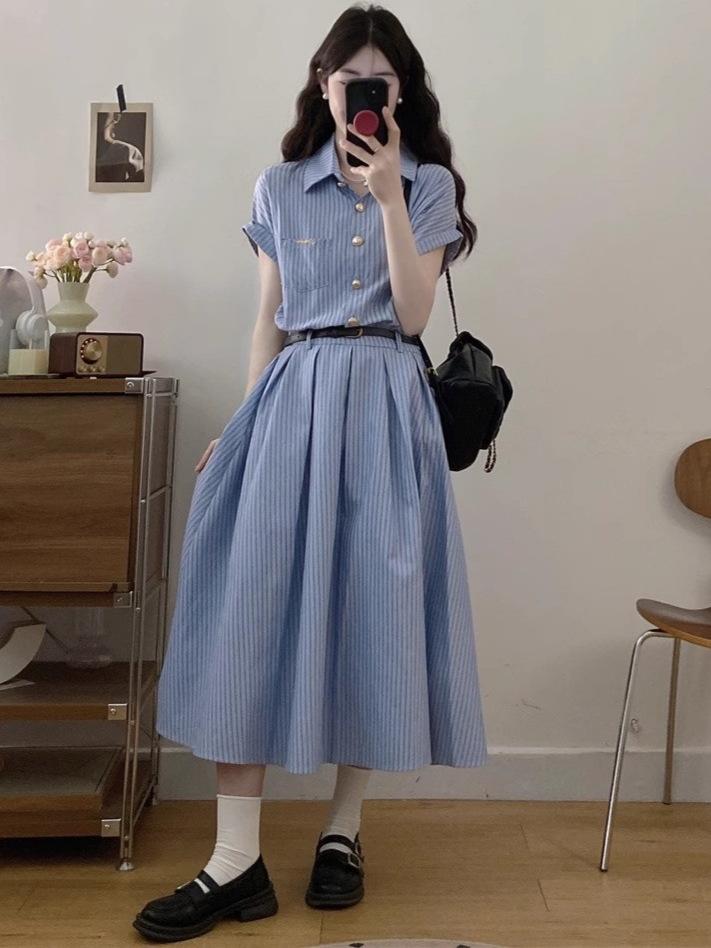 Korean Academy Style Blue Short-Sleeved Summer Shirt Dress for Women – High-End, Waist-Cinched, Fashionable Long Dress
