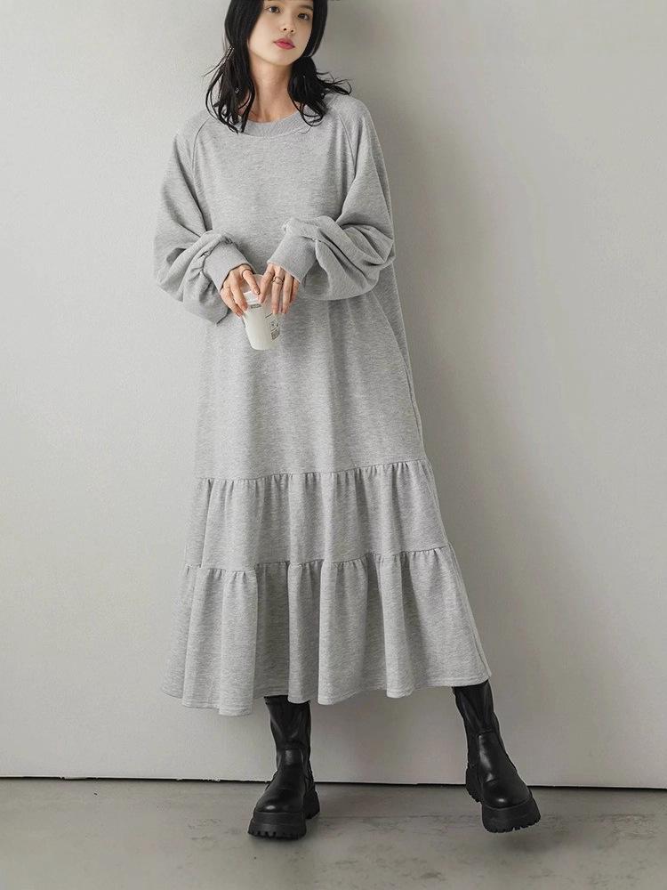 

Ruffled Hem Lantern Sleeve Over-the-Knee Sweatshirt Dress M чёрный