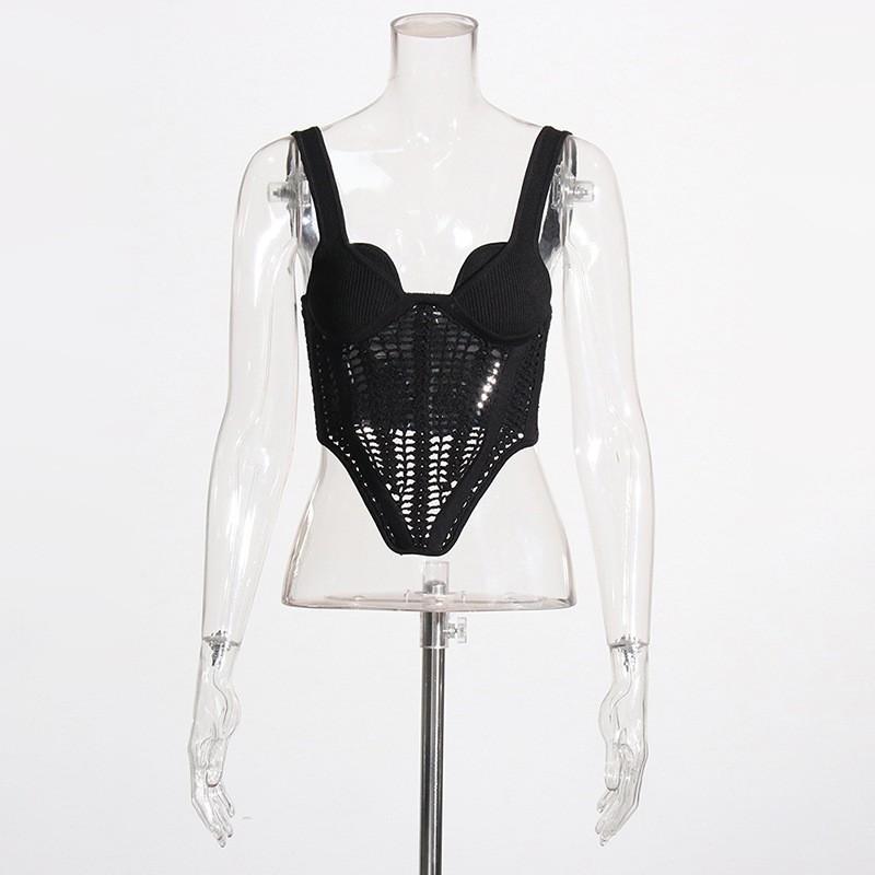 Womens Sexy Lace-Up Knit Camisole With Boned Corset Waist Hollow Out Detail Slim Fit Top