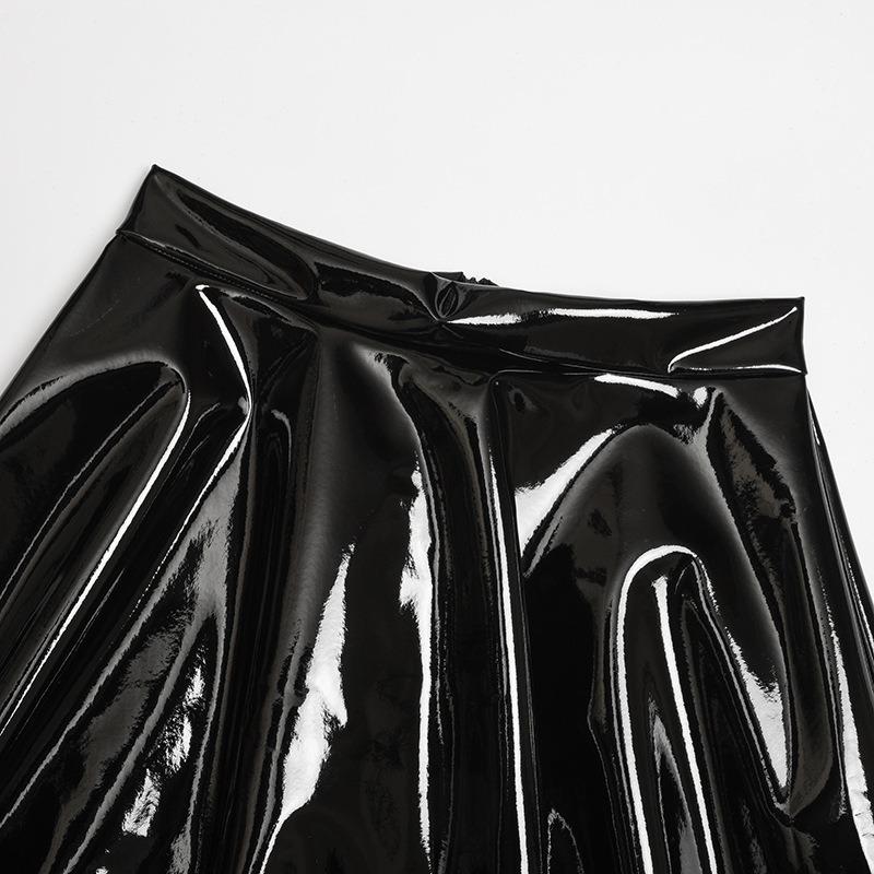 Women Dark Style Shiny Pu Leather Pleated A Line Mini Skirt