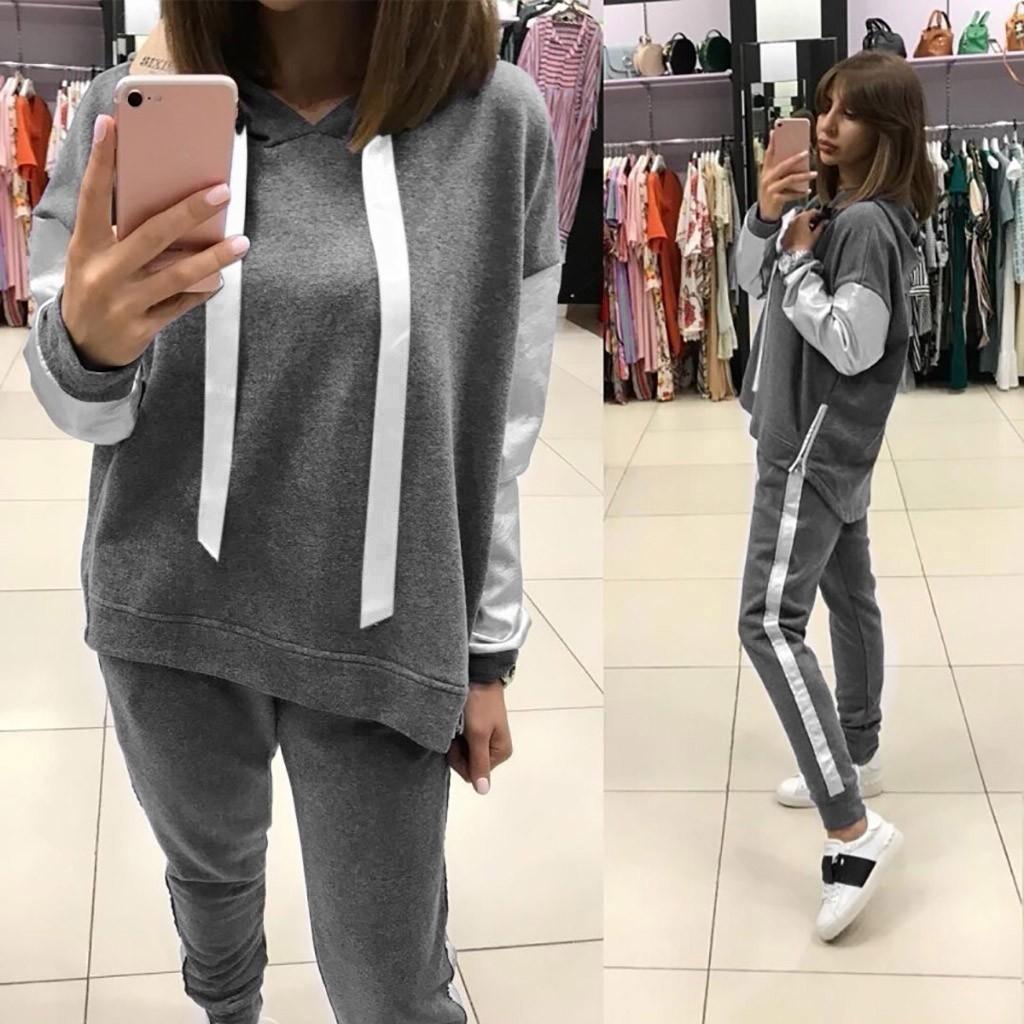 

2шт / комплект женщин сплошной цвет с капюшоном толстовка и брюки спортивный костюм спортивный костюм L