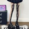 Women Aesthetic Sexy Side Crisscross Hollowed Out Thigh Stockings Tights Goth Rose Flower Patterned Suspender Pantyhose