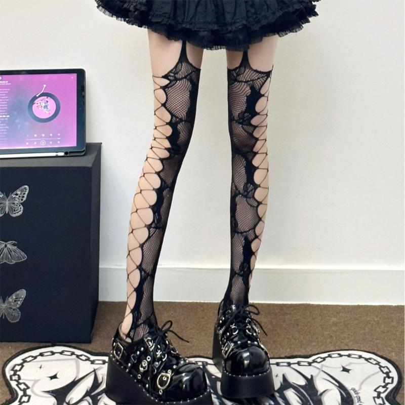 Women Aesthetic Sexy Side Crisscross Hollowed Out Thigh Stockings Tights Goth Rose Flower Patterned Suspender Pantyhose