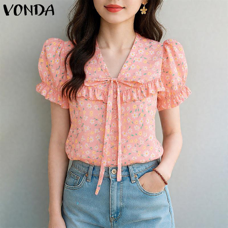 VONDA Elegant Women Floral Print Blouse Casual Puff Sleeve V Neck Ruffled Tops