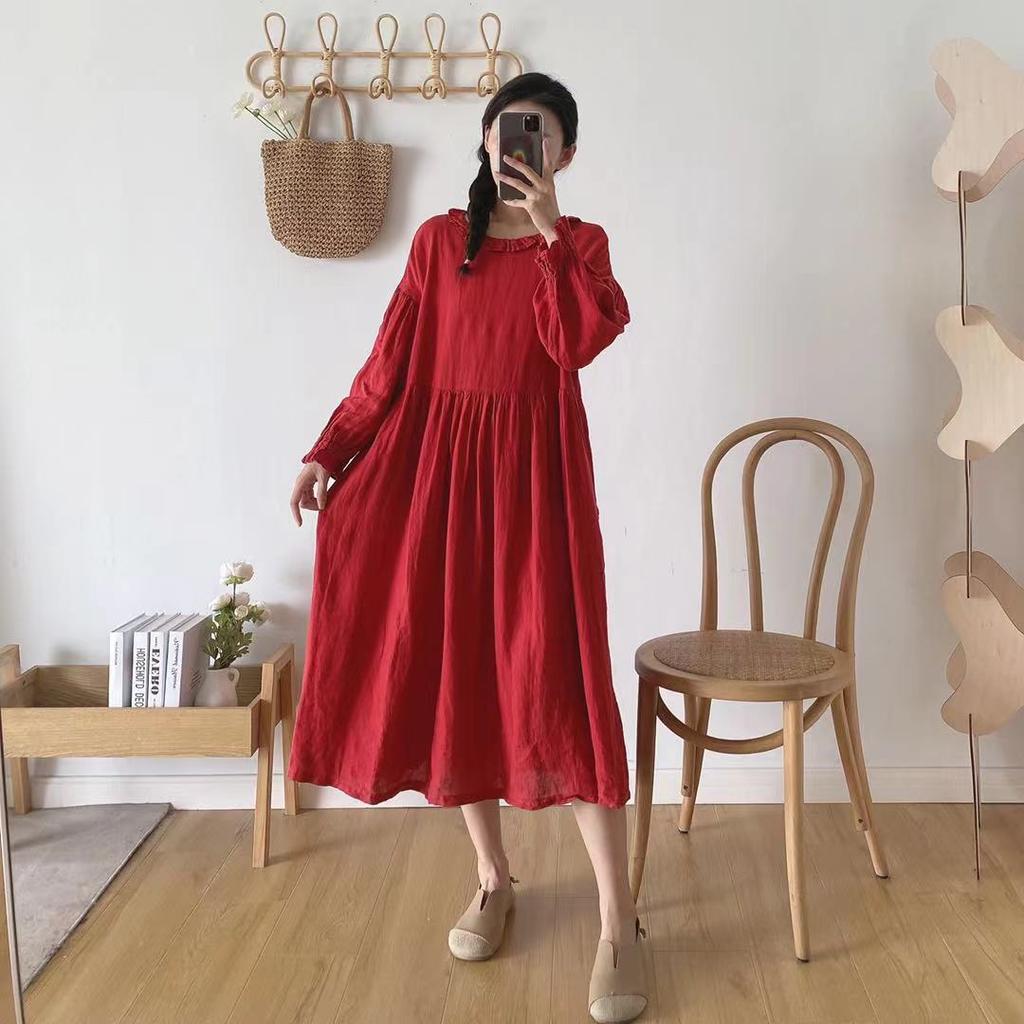 Johnature Frühling Japanischen Leinen Rüschen Kragen Kleid Frauen Vintage Einfarbig Lose Volle Hülse Aushöhlen Kleider