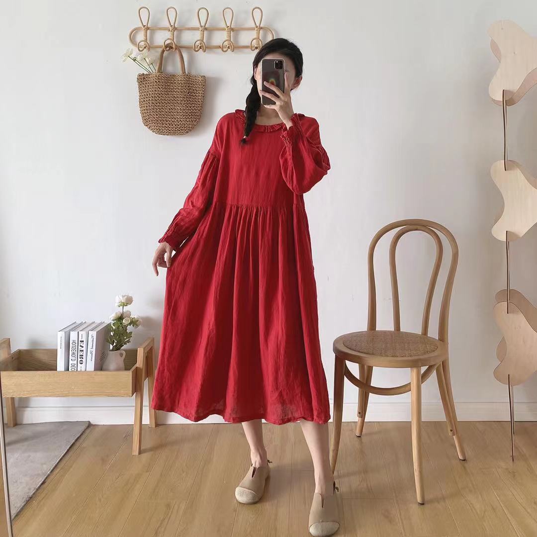 

Johnature весеннее японское льняное платье с воротником и оборками, женское винтажное однотонное свободное платье с длинными рукавами и вырезами One Size красный