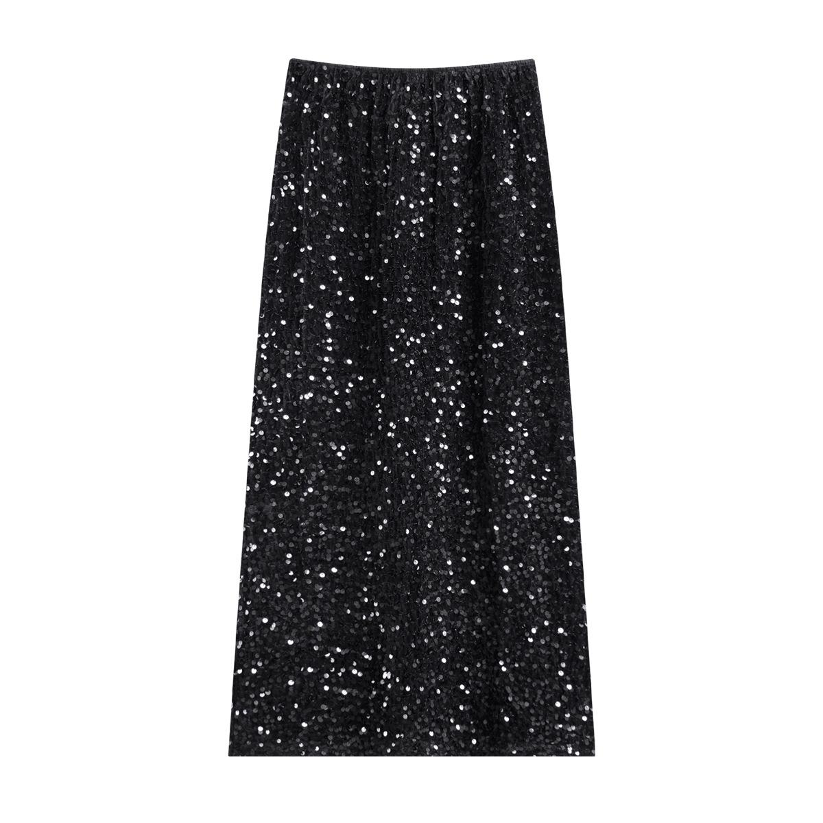 

Юбка до груди, весенняя новинка, золотистая бархатная юбка с пайетками на бедрах, прямая юбка с высокой талией, французская А-образная длинная юбка S чёрный