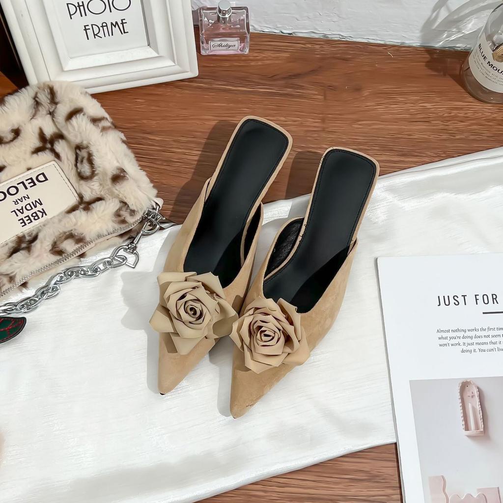 French Pointed Single Shoes Camellia Bag Head Cool Slippers Women's Summer Versatile Muller Shoes Women's 2025 Casual High-heeled Sandals