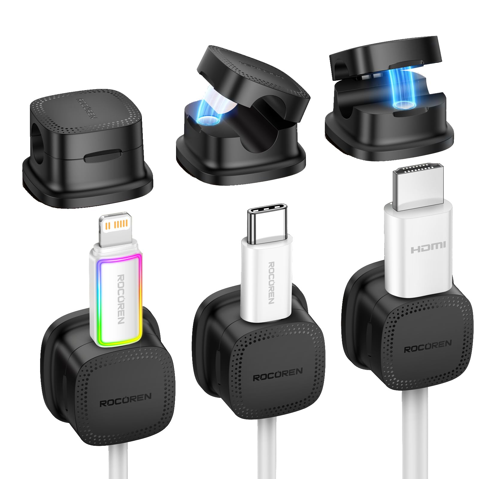 

Rocoren Magnetic Cable Holder, Set of 6, Cable Clips, Cable Management, Smooth Cable Adjustment, Desk Cord Clips, Strong Adhesive, USB Cable Storage,