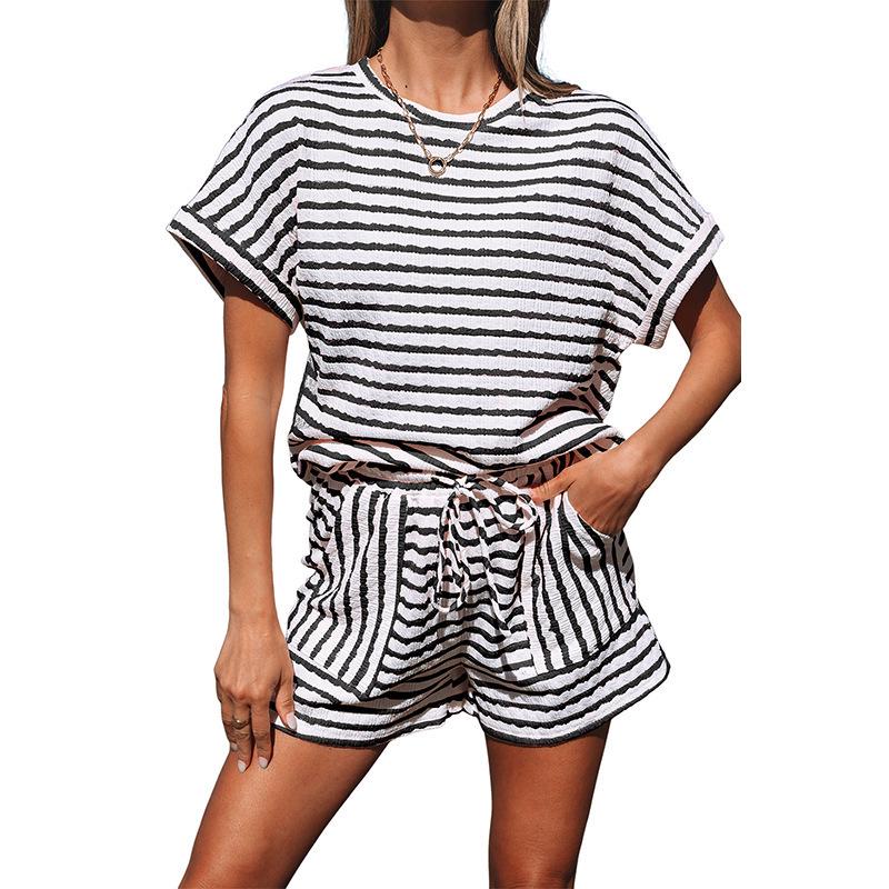 2025 Spring/Summer Women's Knit Drawstring Short-Sleeved Two-Piece Casual Set - European & American Fashion
