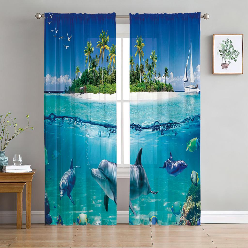 2 Panel Blue Sea Curtain Sea Creature Dolphin Turtle Curtain for Bedroom Living Room Kitchen Window Tulle Sheer VoileCurtains
