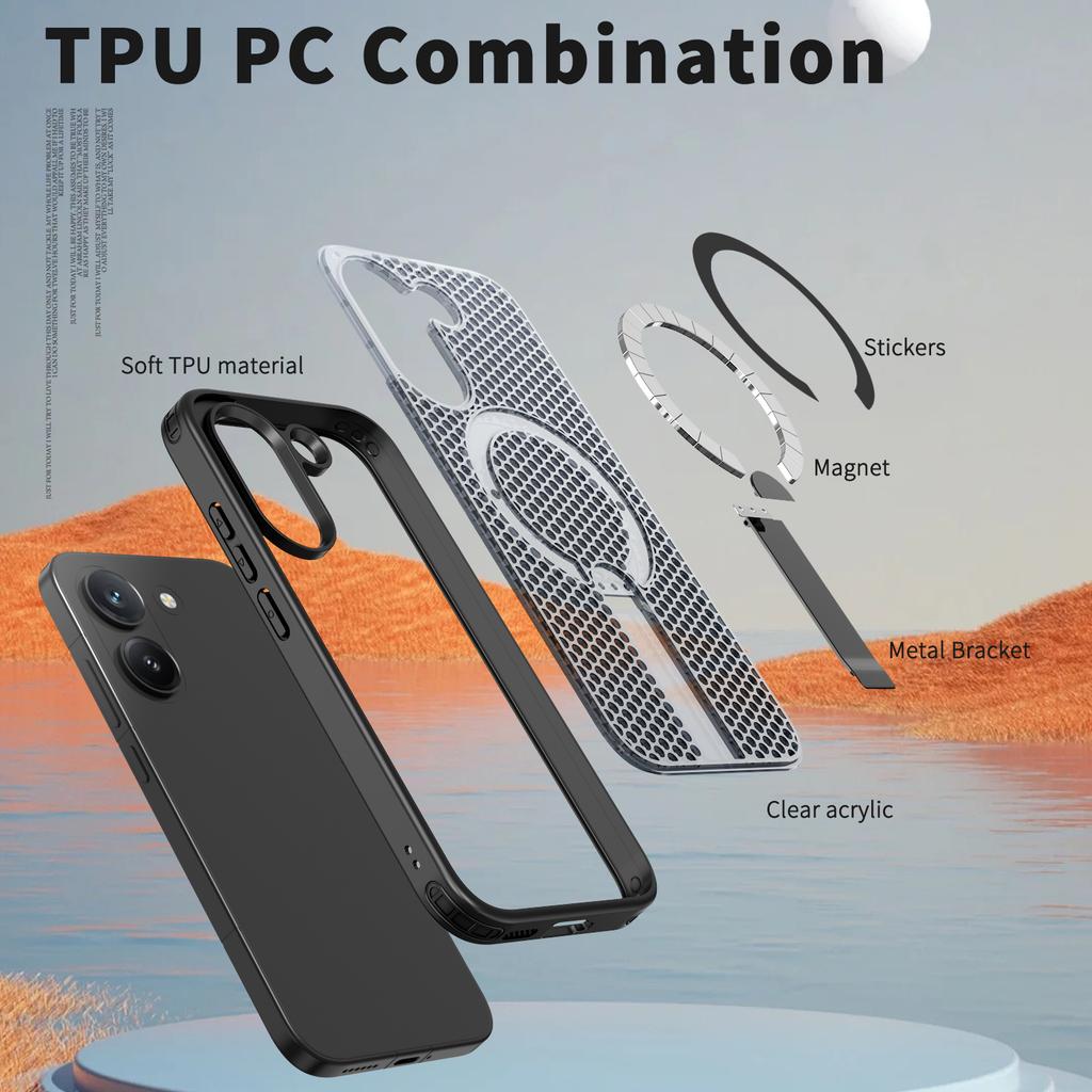 Anti-fall Cooling Hole Design Magnetic Case For Xiaomi Poco X8 Pro Redmi Turbo 5 5G Metal Bracket TPU Acrylic Phone Cover Fundas