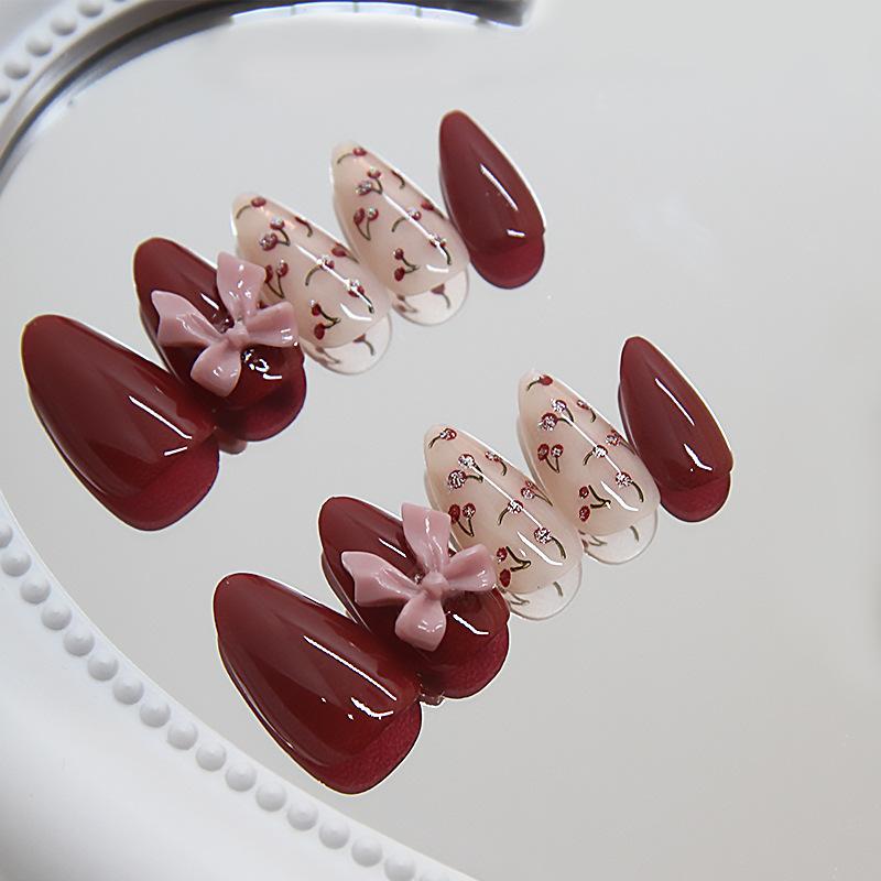 Nail Patch Solid Color False Nail Removable Nail Lychee Wear Nail Bow Nail Patch Drill 30 Pieces