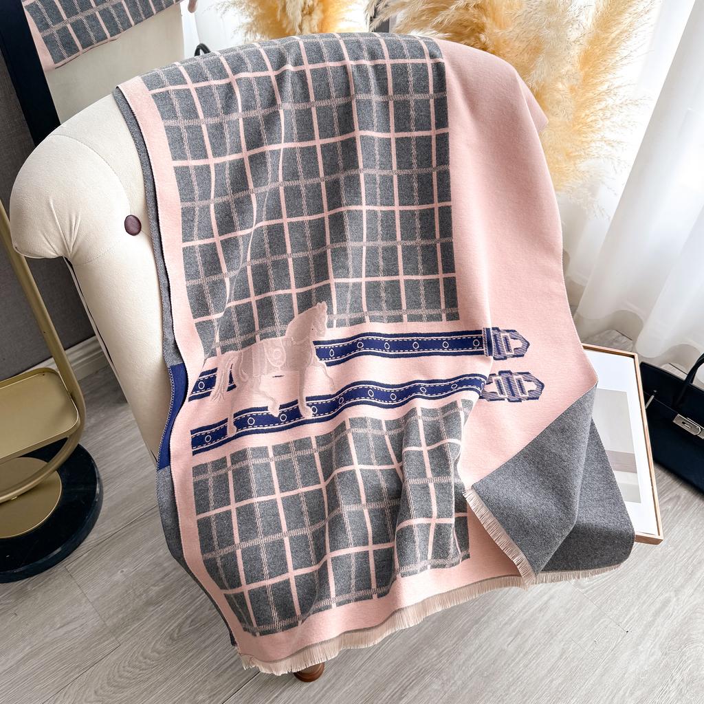 Luxury Women's Thick Faux Cashmere Scarf - Winter Warm Vintage Plaid & Warhorse Print Soft Shawl for Travel & Daily Wear