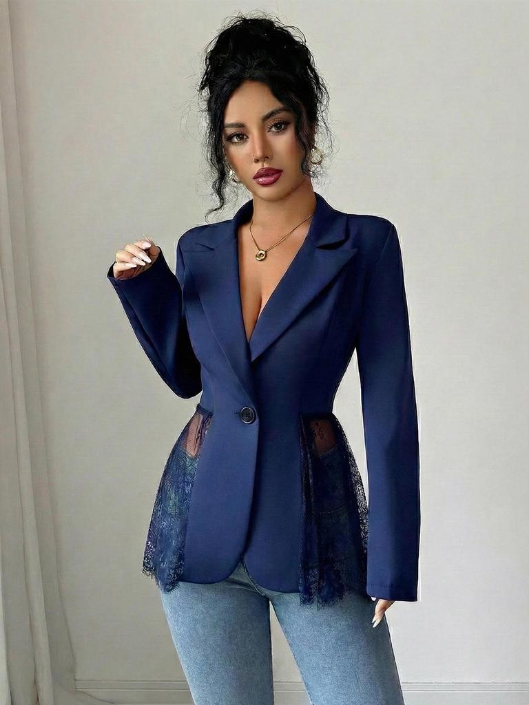 2026 Spring/Autumn Color Block Lace Waist Slimming A-line Women's Suit Jacket