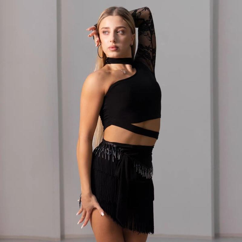 Abito da Danza Latina in Pizzo per Donne Nero Top a Manica Singola Set Gonna con Frange Costume per Allenamento Cha Cha Danza Samba Rumba Performance