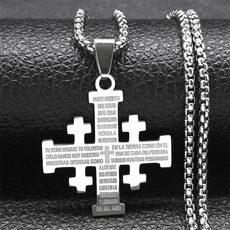 Christian Jerusalem Cross Pendant Necklace For Men Stainless Steel Bible Verse Lord'S Prayer Chain Religious Jewelry Collar