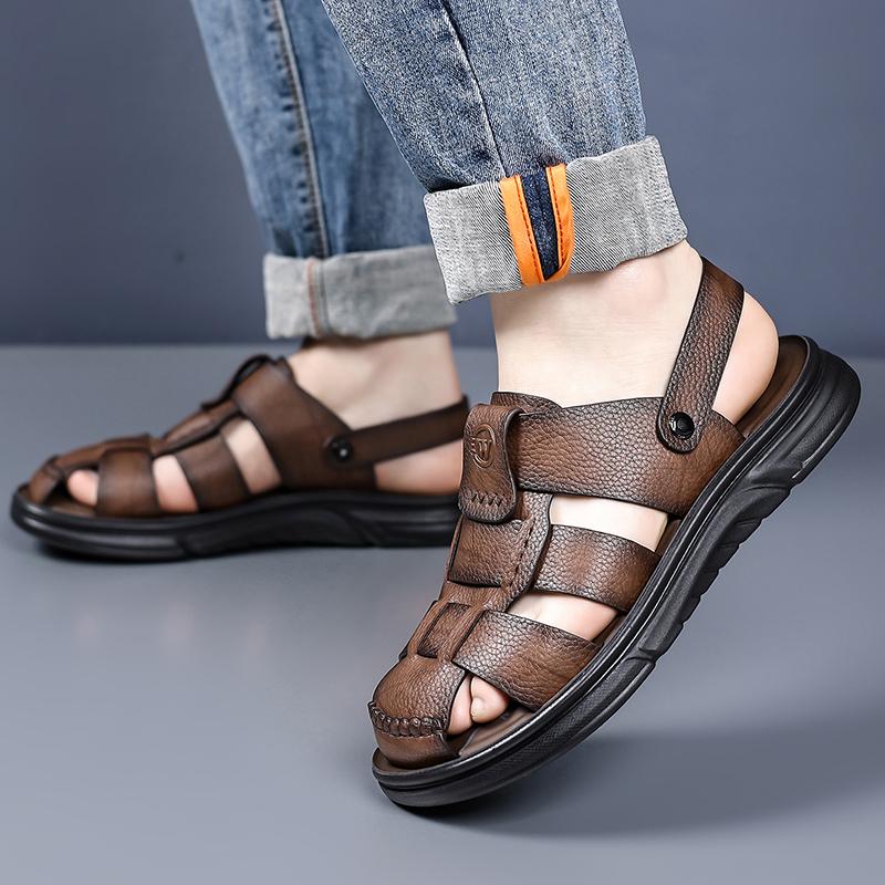 Men Black Hiking Sandals Slippers Handmade Simple Summer Brown Roman Sandals Close Toe Beach Shoes Plus Size