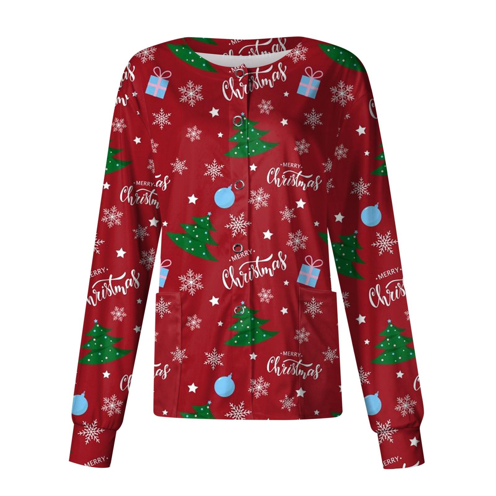 

Женский однобортный защитный комбинезон с длинным рукавом и рождественским принтом, карманный рабочий воротник-стойка, кардиган, куртка, топ XXXL винный