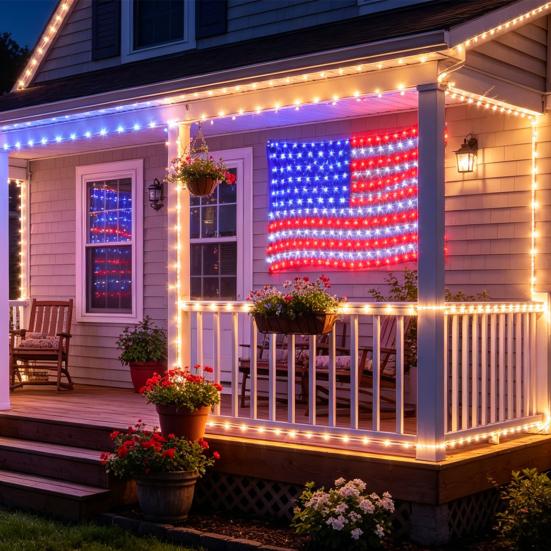 Amerikanische Flagge Netzlicht mit 420 ultrahellen LEDs Wasserdichte LED-Flaggen-Lichterkette für Hof Garten Gedenktag Unabhängigkeitstag