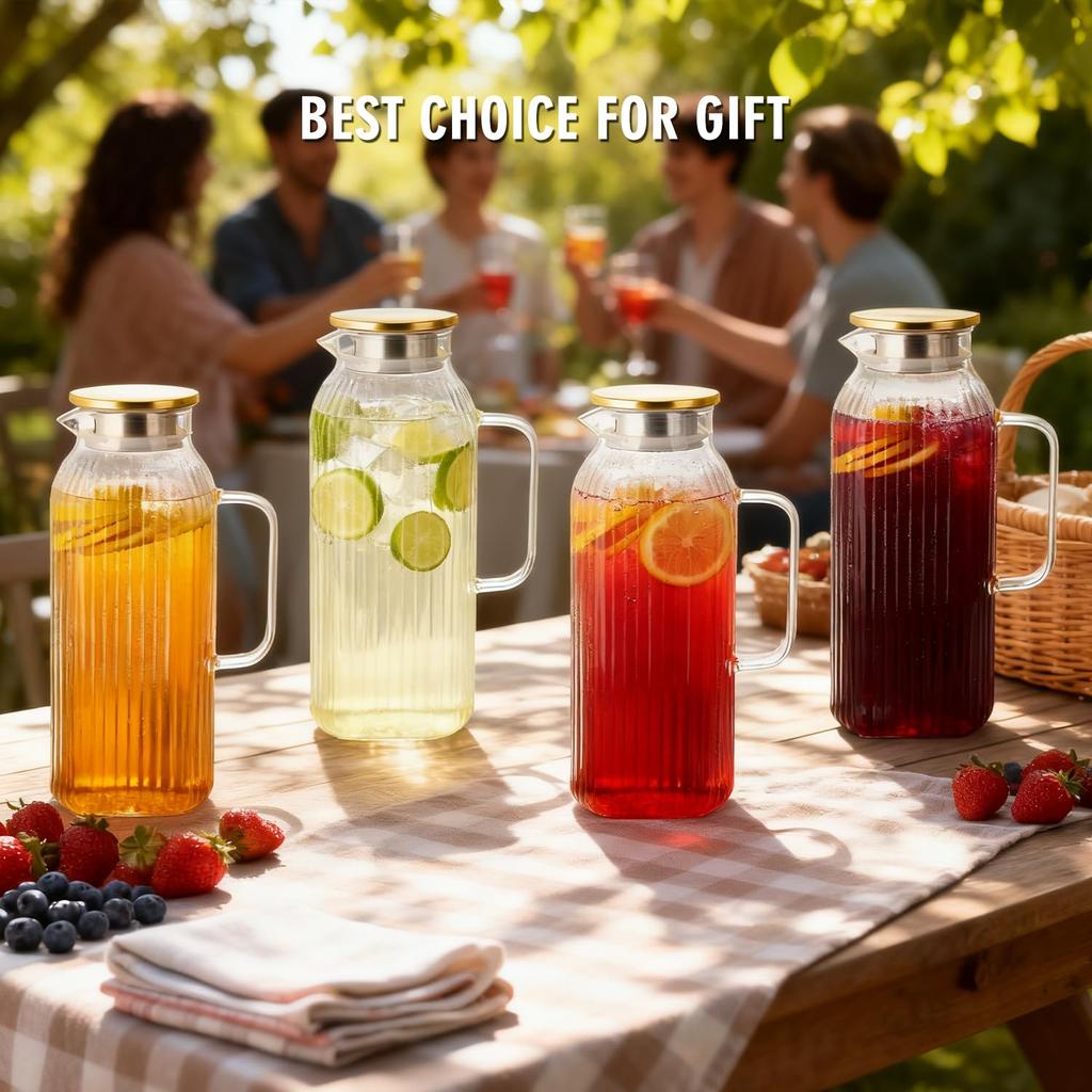 GLASKEY Square Glass Pitcher with Classic Stripe Water Pitcher with Handle for Juice Borosilicate Glass Carafe for Hot and Cold Brew Drinks 2.1L Lid,