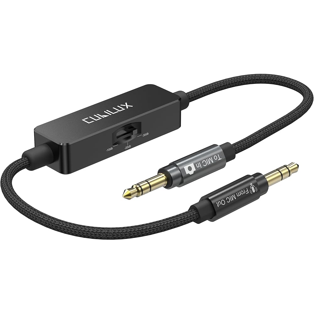 

Cubilux 3.5mm TRS Line to Microphone Attenuator Cable, 3-Stage (-10dB/-20dB/-30dB) Stereo Audio Adapter Cord for DSLR Cameras and Camcorders, 30cm