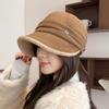 Autumn and winter warm bucket hat female winter Hepburn wind fleece hanging mask showing small face versatile plush big head circumference basin hat